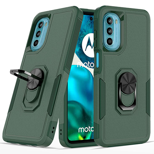 Silicone Matte Finish and Plastic Back Cover Case with Magnetic Finger Ring Stand MQ1 for Motorola MOTO G52 Midnight Green