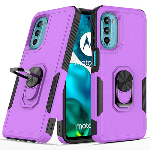 Silicone Matte Finish and Plastic Back Cover Case with Magnetic Finger Ring Stand MQ1 for Motorola MOTO G52 Purple