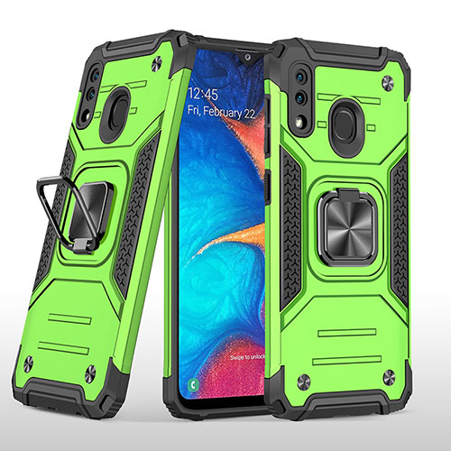 Silicone Matte Finish and Plastic Back Cover Case with Magnetic Finger Ring Stand MQ1 for Samsung Galaxy A20 Green