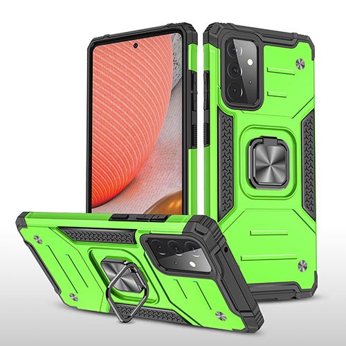 Silicone Matte Finish and Plastic Back Cover Case with Magnetic Finger Ring Stand MQ1 for Samsung Galaxy A72 5G Green