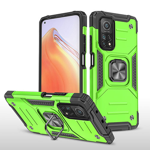 Silicone Matte Finish and Plastic Back Cover Case with Magnetic Finger Ring Stand MQ1 for Xiaomi Mi 10T 5G Green