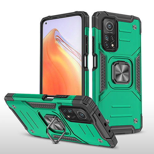 Silicone Matte Finish and Plastic Back Cover Case with Magnetic Finger Ring Stand MQ1 for Xiaomi Mi 10T Pro 5G Midnight Green