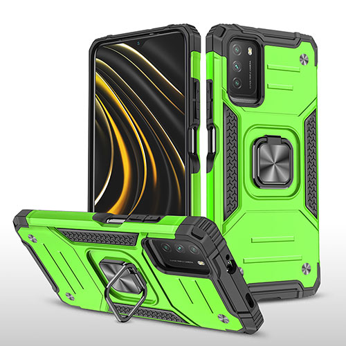 Silicone Matte Finish and Plastic Back Cover Case with Magnetic Finger Ring Stand MQ1 for Xiaomi Poco M3 Green