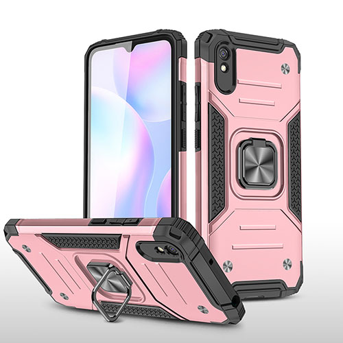 Silicone Matte Finish and Plastic Back Cover Case with Magnetic Finger Ring Stand MQ1 for Xiaomi Redmi 9AT Rose Gold