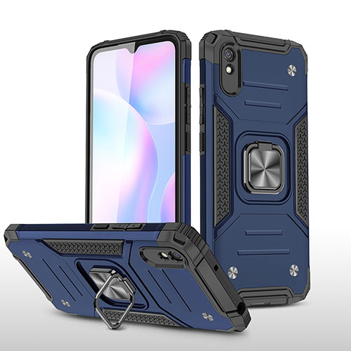 Silicone Matte Finish and Plastic Back Cover Case with Magnetic Finger Ring Stand MQ1 for Xiaomi Redmi 9i Blue