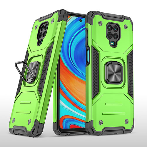 Silicone Matte Finish and Plastic Back Cover Case with Magnetic Finger Ring Stand MQ1 for Xiaomi Redmi Note 9 Pro Green