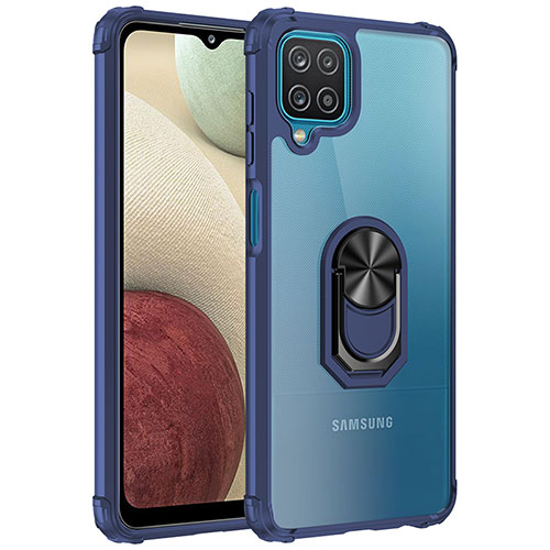 Silicone Matte Finish and Plastic Back Cover Case with Magnetic Finger Ring Stand MQ2 for Samsung Galaxy A12 Nacho Blue