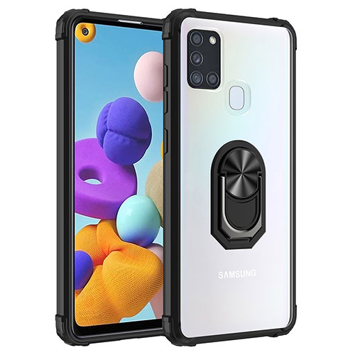 Silicone Matte Finish and Plastic Back Cover Case with Magnetic Finger Ring Stand MQ2 for Samsung Galaxy A21s Black