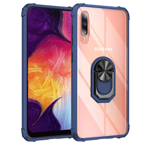 Silicone Matte Finish and Plastic Back Cover Case with Magnetic Finger Ring Stand MQ2 for Samsung Galaxy A50S Blue