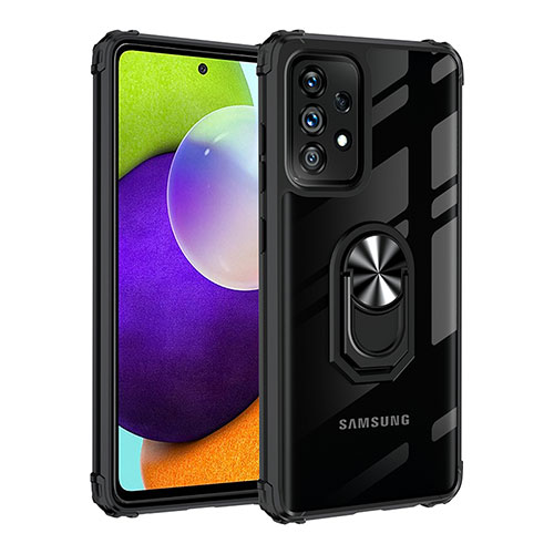 Silicone Matte Finish and Plastic Back Cover Case with Magnetic Finger Ring Stand MQ2 for Samsung Galaxy A52 4G Black