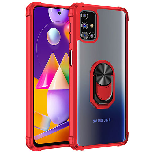 Silicone Matte Finish and Plastic Back Cover Case with Magnetic Finger Ring Stand MQ2 for Samsung Galaxy M31s Red