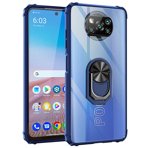 Silicone Matte Finish and Plastic Back Cover Case with Magnetic Finger Ring Stand MQ2 for Xiaomi Poco X3 Blue