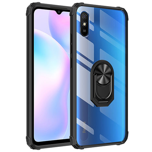 Silicone Matte Finish and Plastic Back Cover Case with Magnetic Finger Ring Stand MQ2 for Xiaomi Redmi 9A Black
