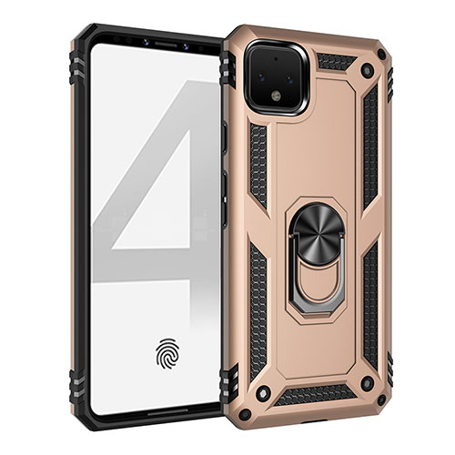 Silicone Matte Finish and Plastic Back Cover Case with Magnetic Finger Ring Stand MQ3 for Google Pixel 4 Gold