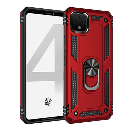 Silicone Matte Finish and Plastic Back Cover Case with Magnetic Finger Ring Stand MQ3 for Google Pixel 4 Red