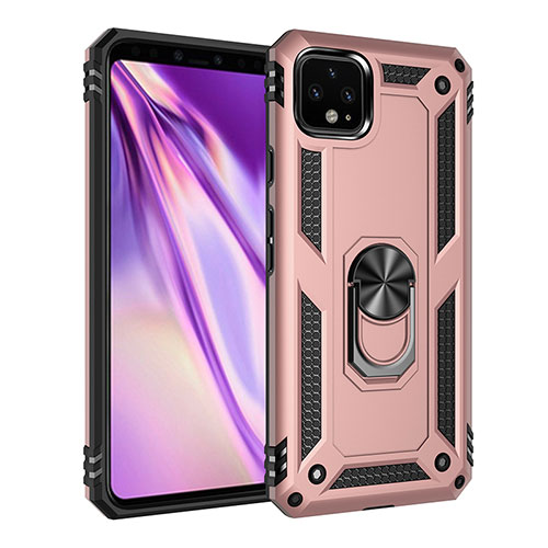 Silicone Matte Finish and Plastic Back Cover Case with Magnetic Finger Ring Stand MQ3 for Google Pixel 4 XL Rose Gold