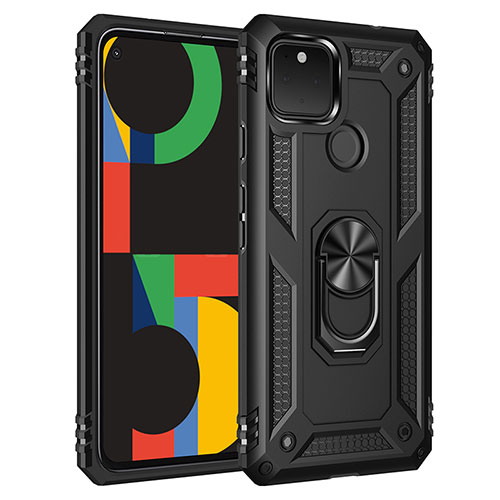 Silicone Matte Finish and Plastic Back Cover Case with Magnetic Finger Ring Stand MQ3 for Google Pixel 4a 5G Black