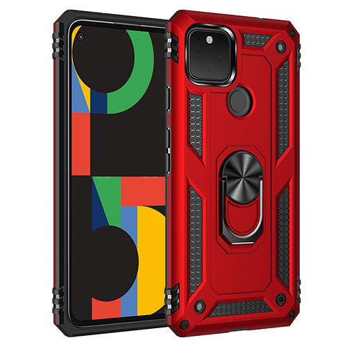 Silicone Matte Finish and Plastic Back Cover Case with Magnetic Finger Ring Stand MQ3 for Google Pixel 4a 5G Red