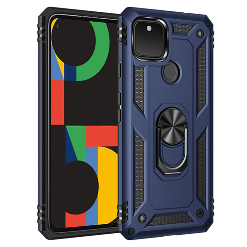Silicone Matte Finish and Plastic Back Cover Case with Magnetic Finger Ring Stand MQ3 for Google Pixel 5 XL 5G Blue