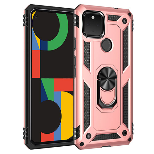 Silicone Matte Finish and Plastic Back Cover Case with Magnetic Finger Ring Stand MQ3 for Google Pixel 5 XL 5G Rose Gold