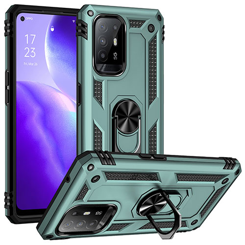 Silicone Matte Finish and Plastic Back Cover Case with Magnetic Finger Ring Stand MQ3 for Oppo F19 Pro+ Plus 5G Green