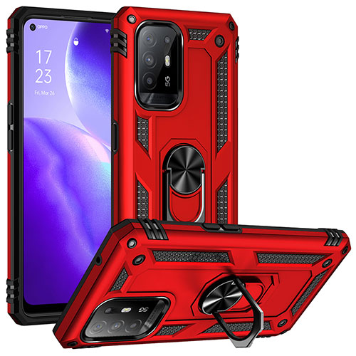 Silicone Matte Finish and Plastic Back Cover Case with Magnetic Finger Ring Stand MQ3 for Oppo F19 Pro+ Plus 5G Red