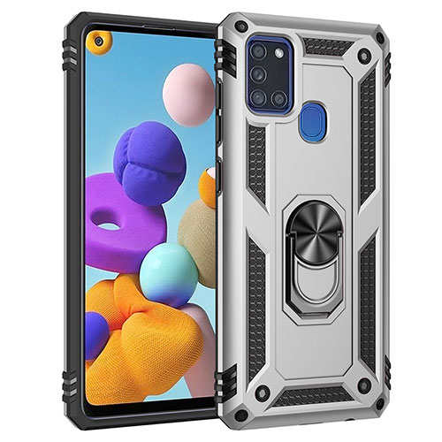 Silicone Matte Finish and Plastic Back Cover Case with Magnetic Finger Ring Stand MQ3 for Samsung Galaxy A21s Silver