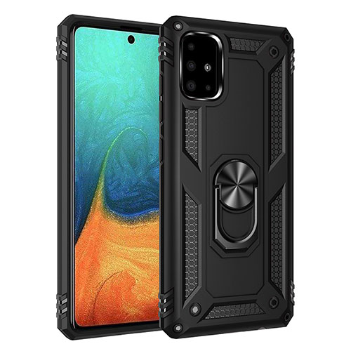 Silicone Matte Finish and Plastic Back Cover Case with Magnetic Finger Ring Stand MQ3 for Samsung Galaxy A71 5G Black