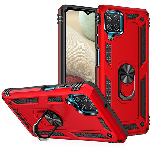Silicone Matte Finish and Plastic Back Cover Case with Magnetic Finger Ring Stand MQ3 for Samsung Galaxy F12 Red