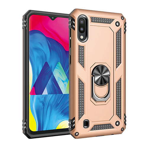Silicone Matte Finish and Plastic Back Cover Case with Magnetic Finger Ring Stand MQ3 for Samsung Galaxy M10 Gold