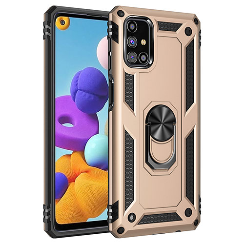 Silicone Matte Finish and Plastic Back Cover Case with Magnetic Finger Ring Stand MQ3 for Samsung Galaxy M31s Gold