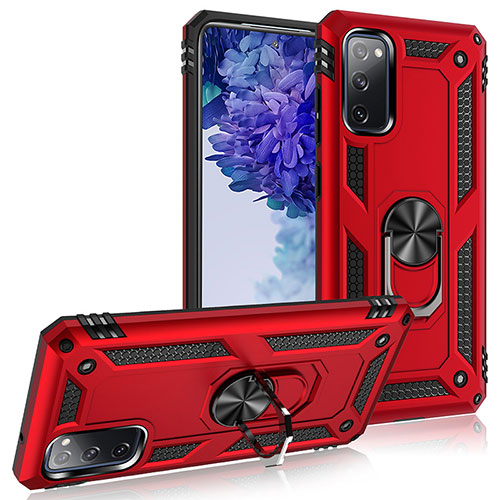Silicone Matte Finish and Plastic Back Cover Case with Magnetic Finger Ring Stand MQ3 for Samsung Galaxy S20 FE (2022) 5G Red