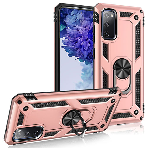 Silicone Matte Finish and Plastic Back Cover Case with Magnetic Finger Ring Stand MQ3 for Samsung Galaxy S20 FE (2022) 5G Rose Gold