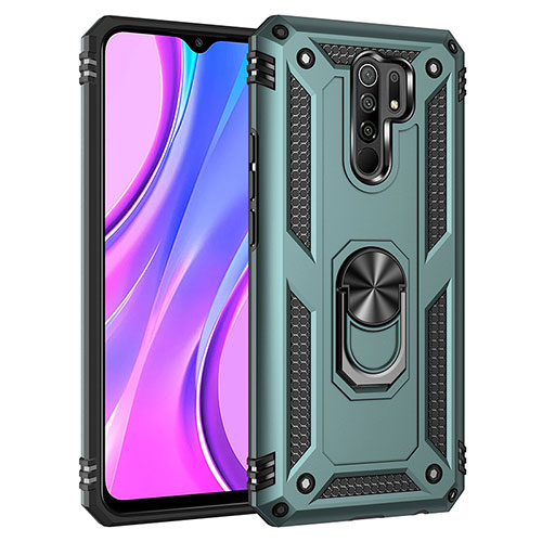 Silicone Matte Finish and Plastic Back Cover Case with Magnetic Finger Ring Stand MQ3 for Xiaomi Redmi 9 Green