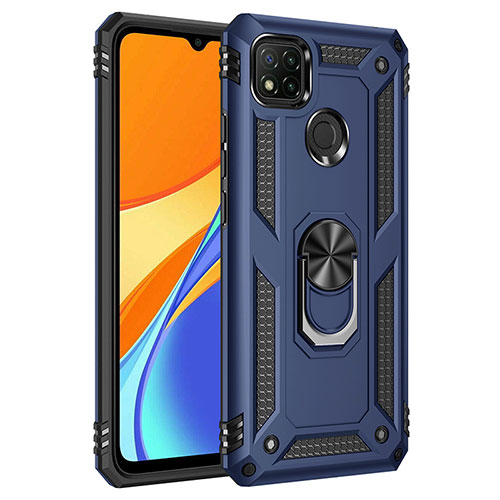 Silicone Matte Finish and Plastic Back Cover Case with Magnetic Finger Ring Stand MQ3 for Xiaomi Redmi 9 India Blue