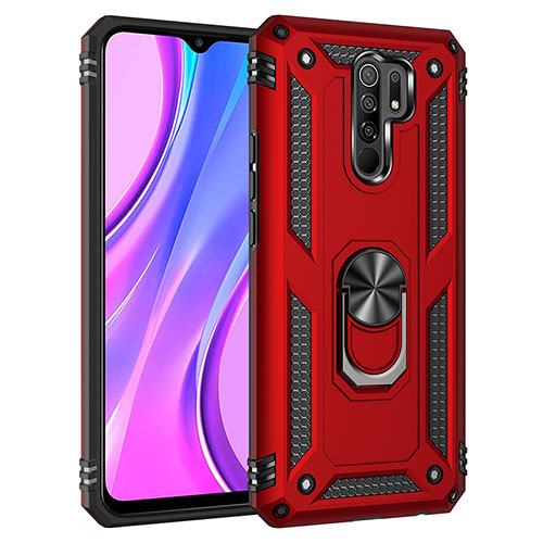 Silicone Matte Finish and Plastic Back Cover Case with Magnetic Finger Ring Stand MQ3 for Xiaomi Redmi 9 Red