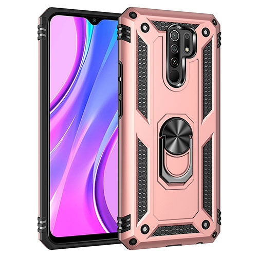 Silicone Matte Finish and Plastic Back Cover Case with Magnetic Finger Ring Stand MQ3 for Xiaomi Redmi 9 Rose Gold