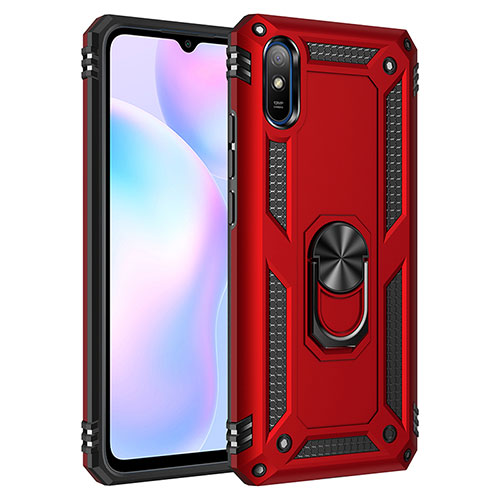 Silicone Matte Finish and Plastic Back Cover Case with Magnetic Finger Ring Stand MQ3 for Xiaomi Redmi 9A Red