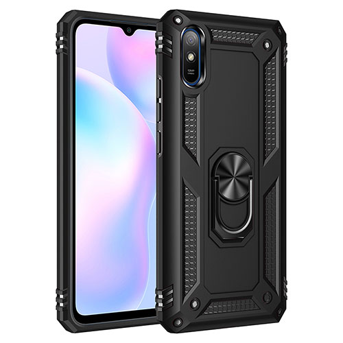 Silicone Matte Finish and Plastic Back Cover Case with Magnetic Finger Ring Stand MQ3 for Xiaomi Redmi 9AT Black