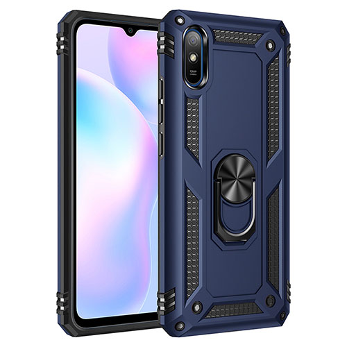 Silicone Matte Finish and Plastic Back Cover Case with Magnetic Finger Ring Stand MQ3 for Xiaomi Redmi 9i Blue