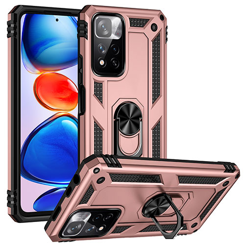 Silicone Matte Finish and Plastic Back Cover Case with Magnetic Finger Ring Stand MQ3 for Xiaomi Redmi Note 11 Pro+ Plus 5G Rose Gold