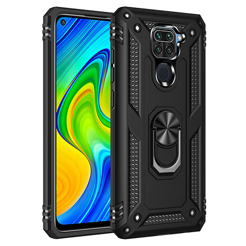 Silicone Matte Finish and Plastic Back Cover Case with Magnetic Finger Ring Stand MQ3 for Xiaomi Redmi Note 9 Black