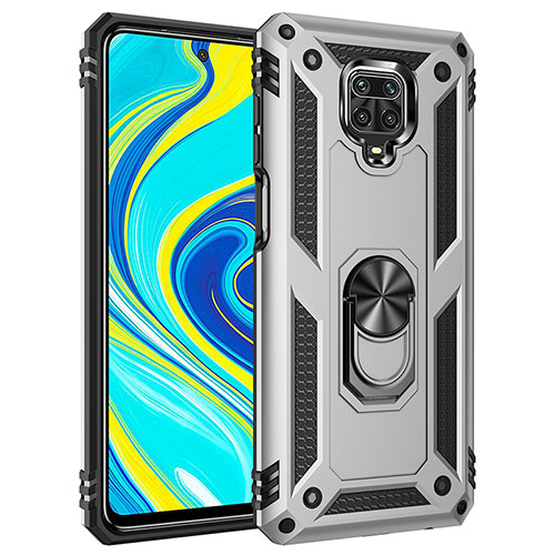 Silicone Matte Finish and Plastic Back Cover Case with Magnetic Finger Ring Stand MQ3 for Xiaomi Redmi Note 9 Pro Silver