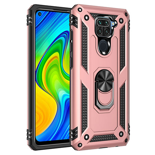 Silicone Matte Finish and Plastic Back Cover Case with Magnetic Finger Ring Stand MQ3 for Xiaomi Redmi Note 9 Rose Gold
