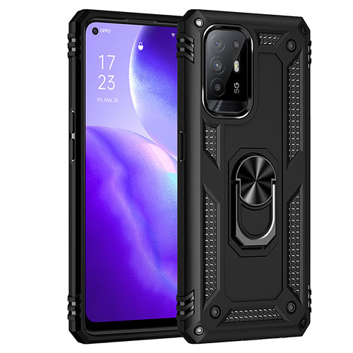 Silicone Matte Finish and Plastic Back Cover Case with Magnetic Finger Ring Stand MQ4 for Oppo F19 Pro+ Plus 5G Black