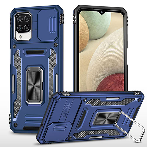 Silicone Matte Finish and Plastic Back Cover Case with Magnetic Finger Ring Stand MQ4 for Samsung Galaxy A12 Nacho Blue