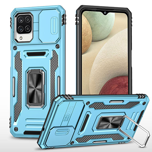 Silicone Matte Finish and Plastic Back Cover Case with Magnetic Finger Ring Stand MQ4 for Samsung Galaxy F12 Sky Blue