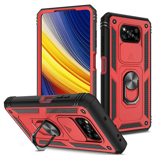 Silicone Matte Finish and Plastic Back Cover Case with Magnetic Finger Ring Stand MQ4 for Xiaomi Poco X3 NFC Red