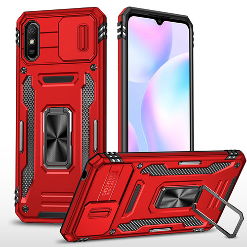 Silicone Matte Finish and Plastic Back Cover Case with Magnetic Finger Ring Stand MQ4 for Xiaomi Redmi 9A Red