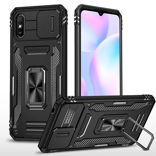 Silicone Matte Finish and Plastic Back Cover Case with Magnetic Finger Ring Stand MQ4 for Xiaomi Redmi 9AT Black